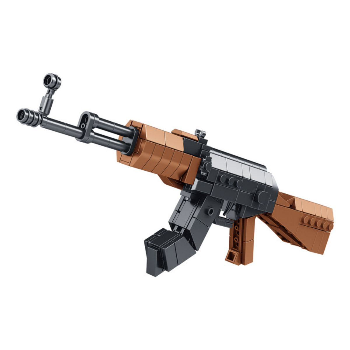 Panlos 620026 8 In 1 AK-47 building blocks set featuring a detailed assault rifle model with brown and black brick design. A creative toy for military enthusiasts.