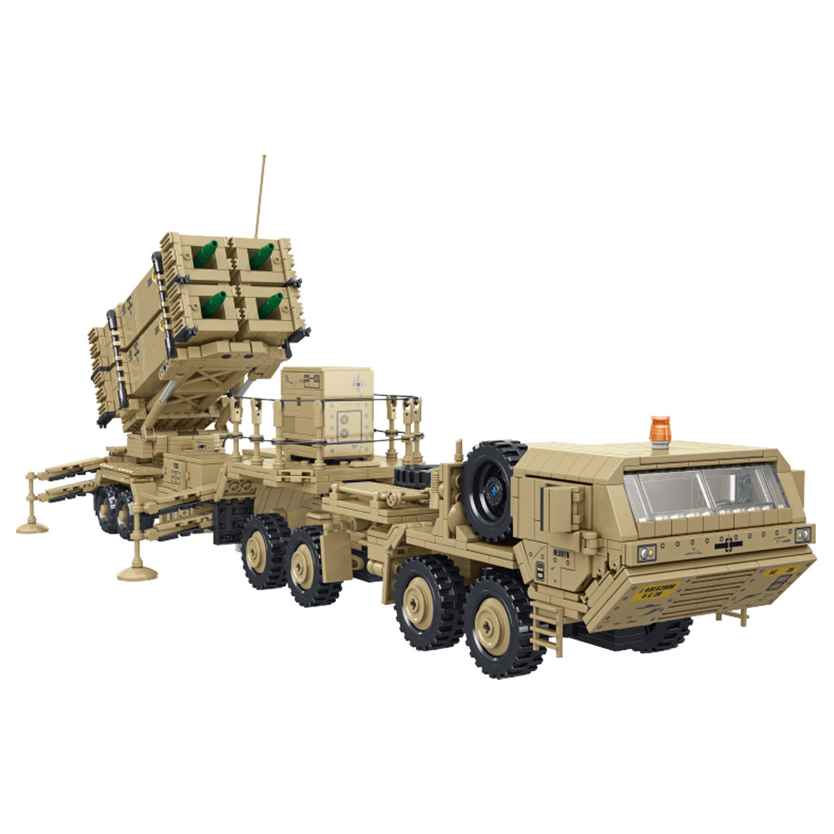 Panlos Brick 628014 M983 Missile Vehicle building set with 2566 pieces, featuring a detailed military truck and missile launcher in tan color.