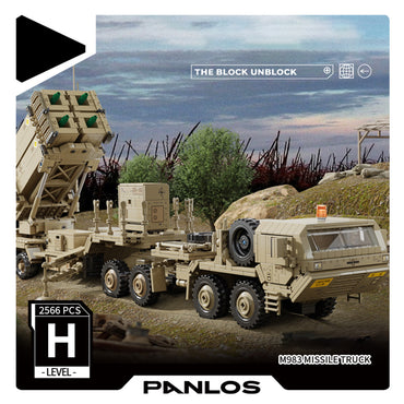 Panlos Brick M983 Missile Truck packaging showcasing the assembled military vehicle model in a battlefield setting with 2566 pieces.