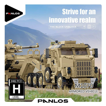 Panlos Brick M1070 Armored Vehicle 3482-piece set packaging, showcasing a military truck and tank model with intricate details and realistic design.