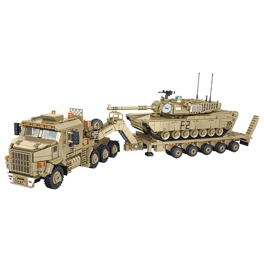 Panlos Brick 628015 M1070 Armored Vehicle building block set with 3482 pieces, featuring a military-style truck and tank on a transport trailer.