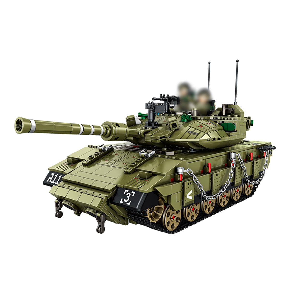 Panlos Brick 632009 Merkava MK4 Main Battle Tank building blocks set with 1730 pieces, featuring a realistic military tank design with rotating turret and detailed accessories.