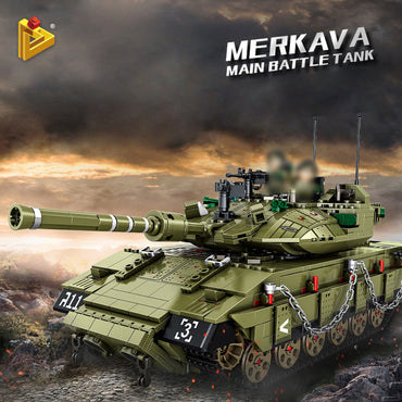 Panlos Brick Merkava MK4 Main Battle Tank set displayed in a battlefield-themed background, showcasing its intricate design and military aesthetics.