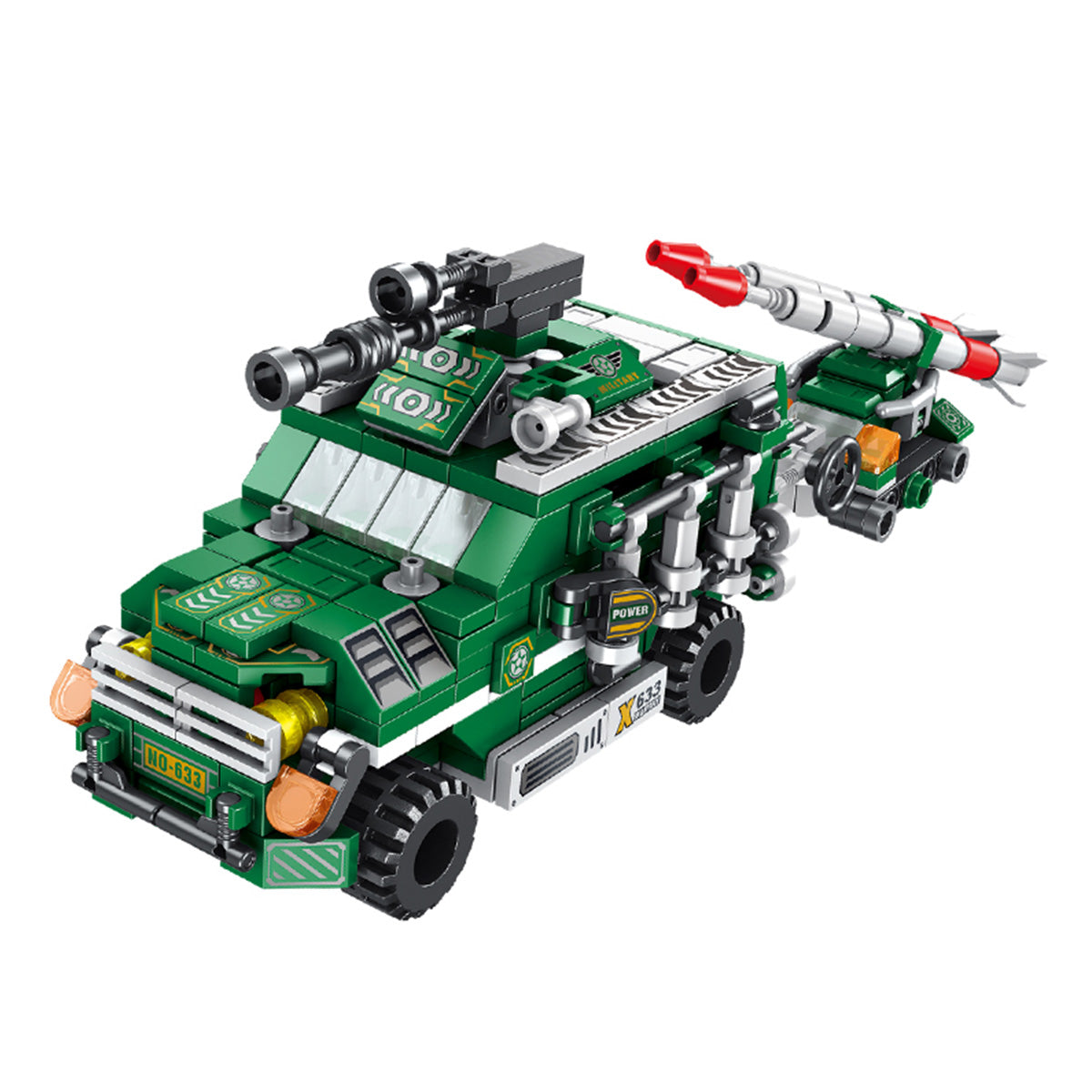 Panlos Brick 633020 Field Chariot military-style green vehicle with missile launcher and detailed stickers, part of a 12-in-1 building block set.