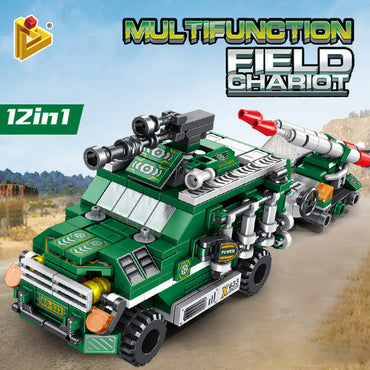 Panlos Brick 633020 Field Chariot 12-in-1 building block set featuring a green armored vehicle with missile launcher in a rugged battlefield setting.