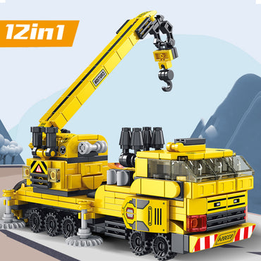 Panlos Brick 633054 Engineering Crane 12-in-1 set featuring a yellow crane truck with a rotating arm. Compatible with major block brands for versatile play.