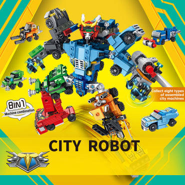 Panlos 633074 City Robot 8 In 1 Transformer Building Blocks featuring a dynamic robot with eight vehicle transformations on a yellow background.