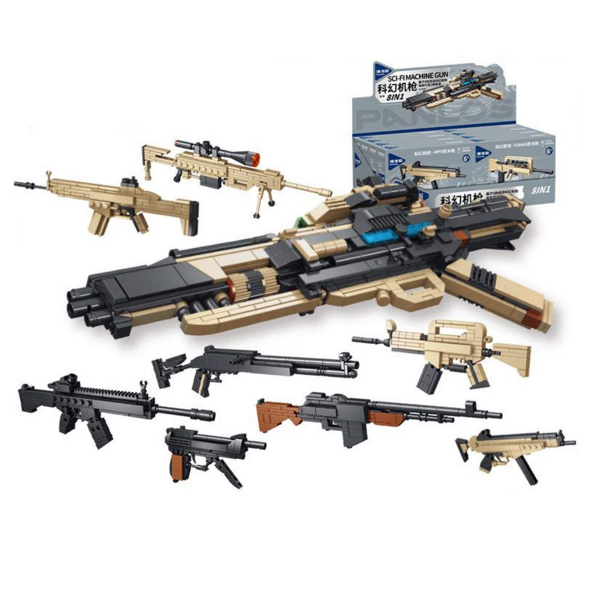 Panlos 633089 8 In 1 Sci-Fi Machine Gun Building Blocks set with 833 pieces. Assemble 8 different gun models or combine them into a futuristic weapon.