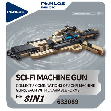 Close-up of Panlos 633089 Sci-Fi Machine Gun Building Blocks packaging, showcasing the 8-in-1 transformation feature and futuristic weapon design.