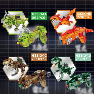 Close-up of Panlos Brick 633104 set showcasing four dinosaur models that transform into guns, each with unique designs and piece counts.