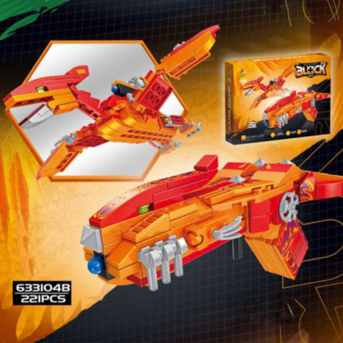 Orange Pterodactyl model from Panlos Brick 633104 set, transforming into a sleek gun with 221 pieces for dynamic play and construction.