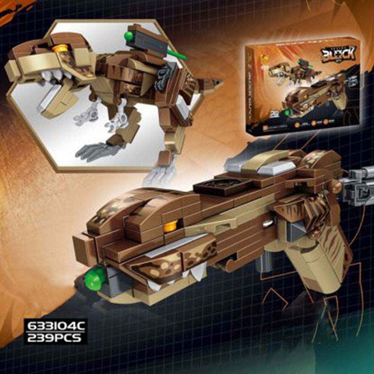 Brown T-Rex model from Panlos Brick 633104 set, converting into a powerful gun with 239 pieces, offering dual transformation excitement.