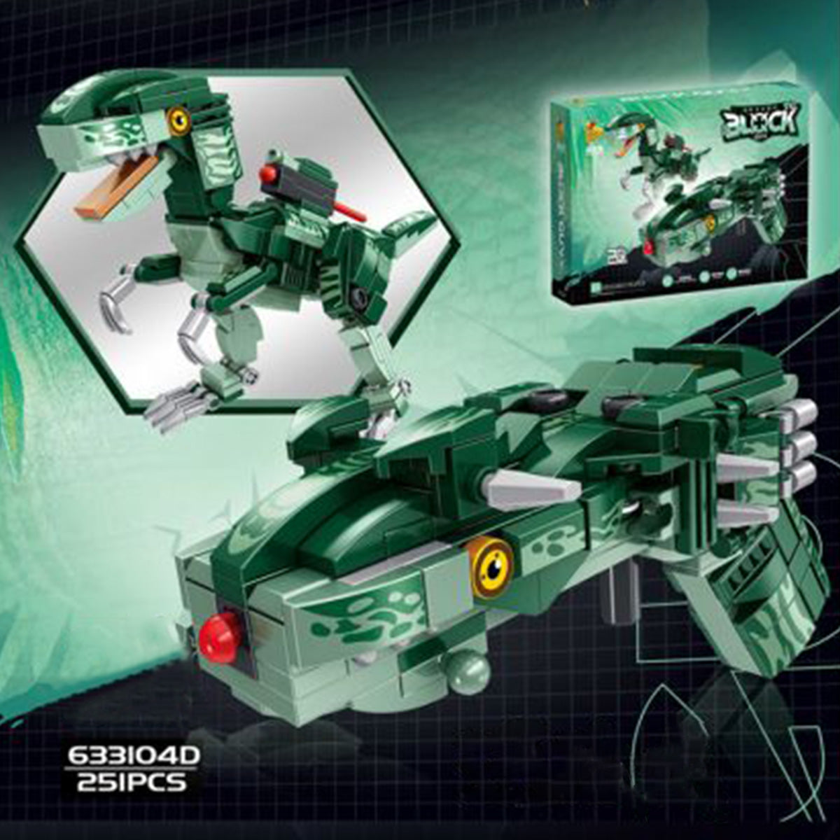 Green Velociraptor model from Panlos Brick 633104 set, transforming into a compact gun with 251 pieces, perfect for imaginative play.