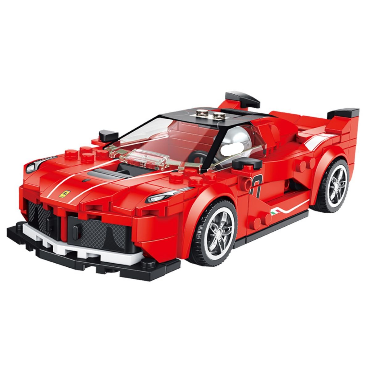 Panlos Brick Red Racing Car Building Blocks with a sleek and aggressive design. Features realistic headlights and aerodynamic bodywork.