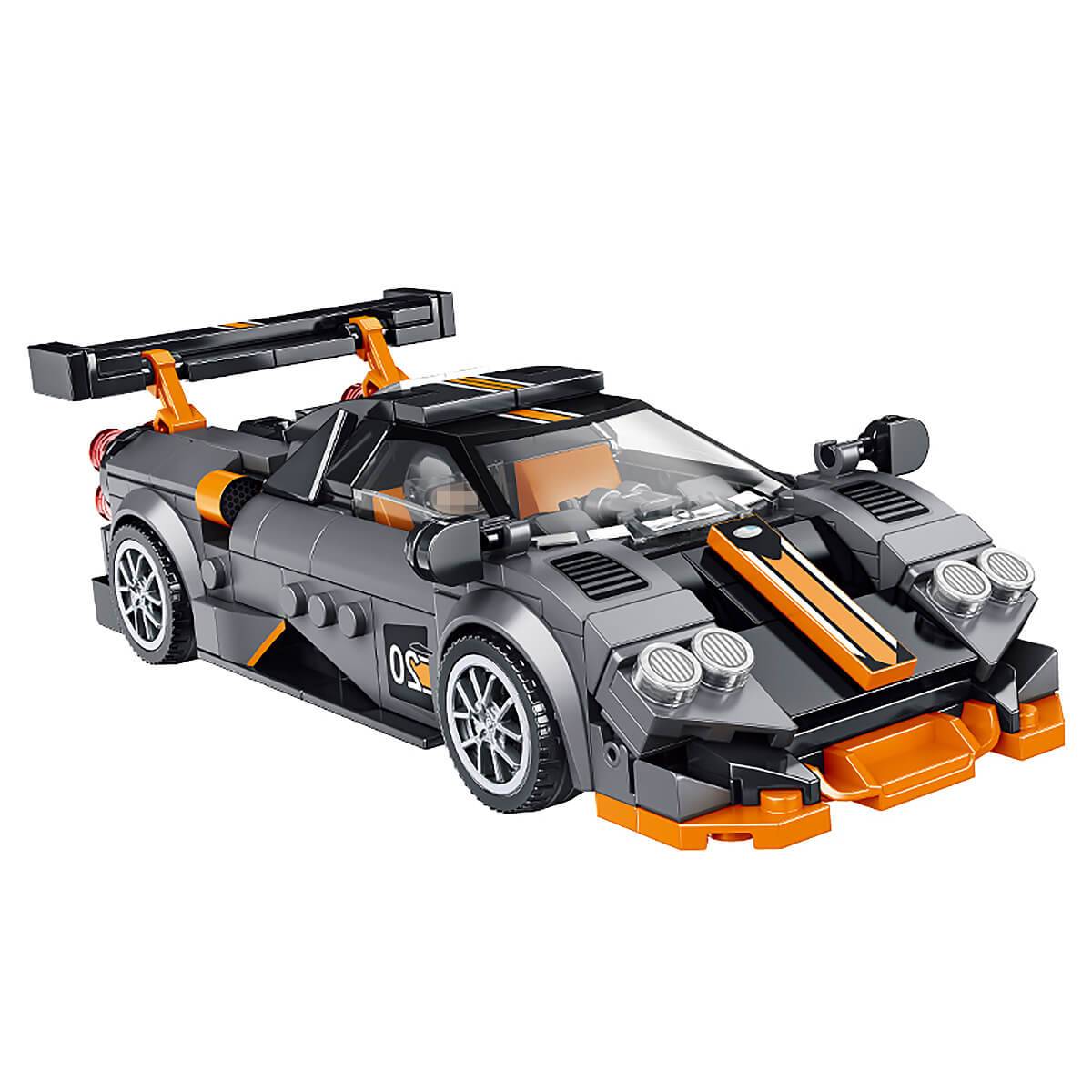 Panlos Brick 666017 Pagani Huayra sports car model with 351 building blocks, featuring a sleek black and orange design with detailed headlights and spoiler.