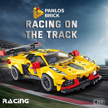 Panlos Brick Chevrolet Corvette C8R racing car model on a track, showcasing its sleek yellow design and aerodynamic features for an exciting build.