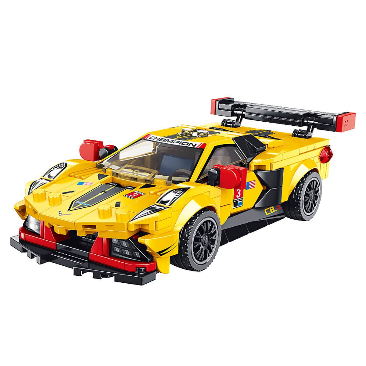 Panlos Brick 666019 Chevrolet Corvette C8R sports car building blocks set with 344 pieces, featuring a yellow racing design with black and red details.