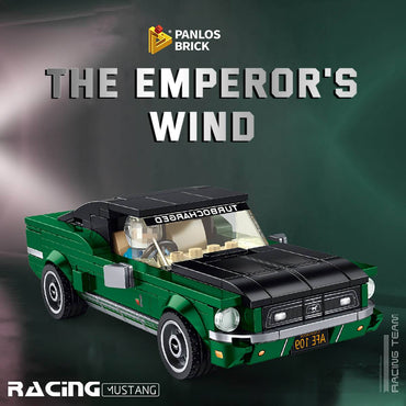 Panlos Brick 666033 Ford Mustang Sports Car building set with 'The Emperor's Wind' branding. A 366-piece high-fidelity model for collectors and kids.