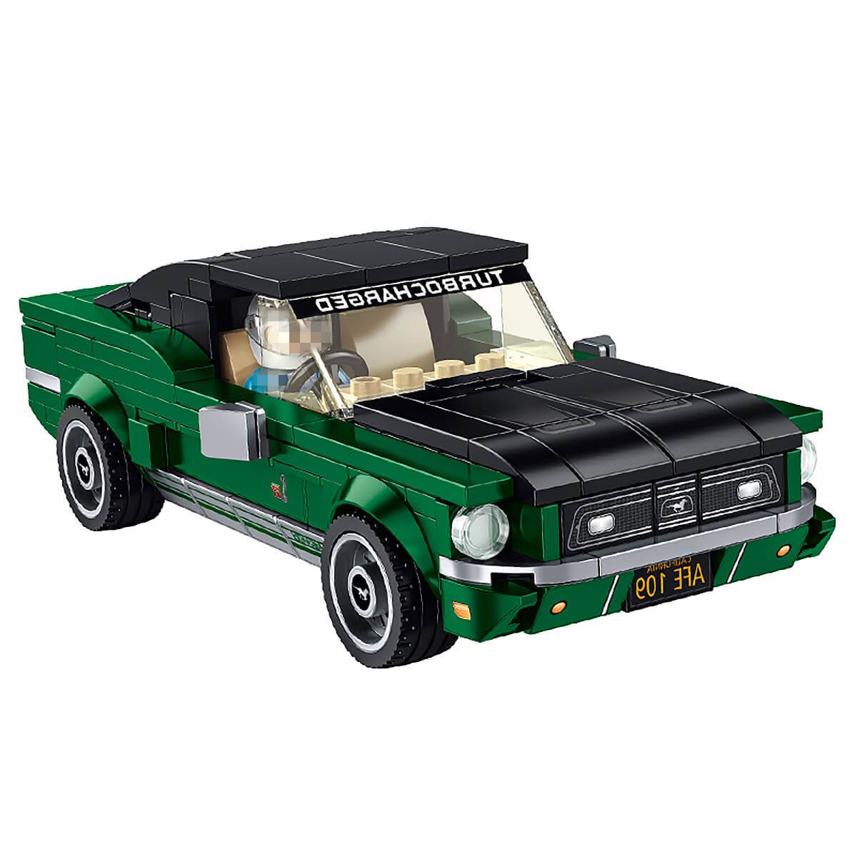 Panlos Brick 666033 Ford Mustang Sports Car 366Pcs in green and black, featuring a detailed design, opening hood, and realistic wheels. Compatible with Lego.