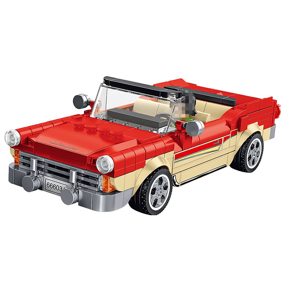 Panlos 666034 Ford Fairlane Convertible Sports Car building set with 370 pieces. Classic red and beige design, perfect for display or play.