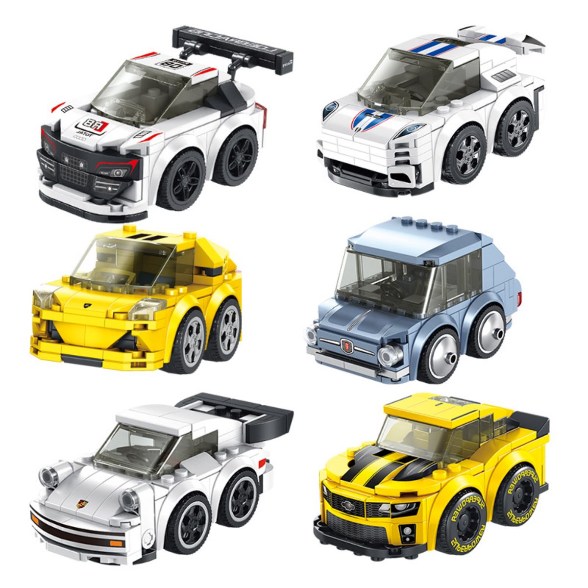 Panlos Mini Racing Car Building Blocks set featuring six detailed mini cars with realistic designs. Perfect for racing and building fun.