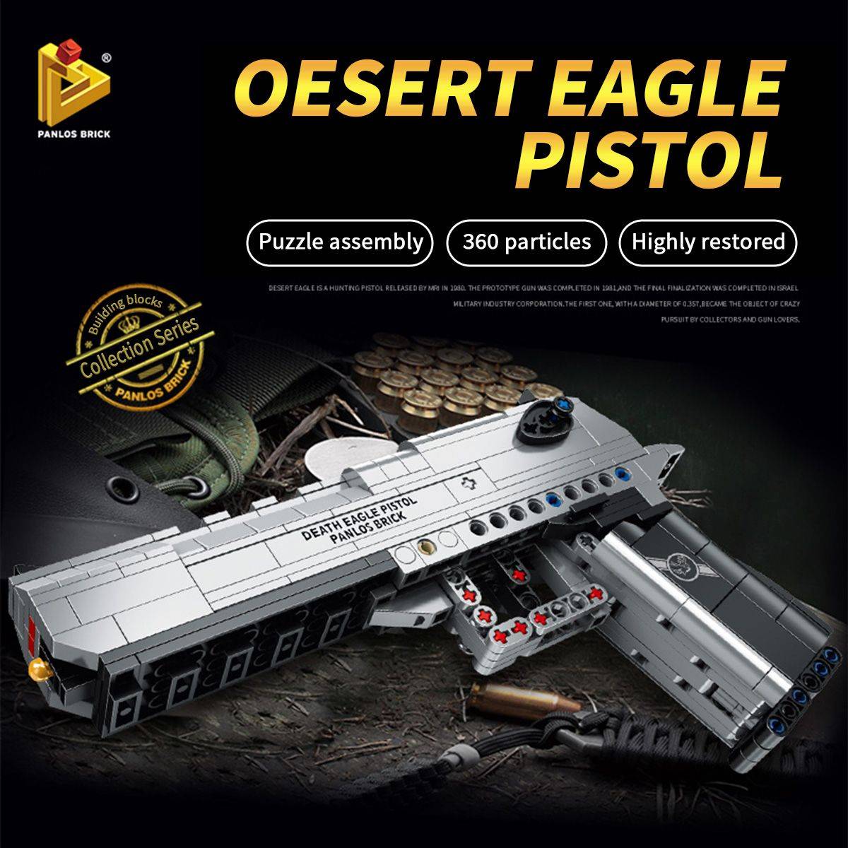 Oesert Eagle Pistol building block set by Panlos Brick, offering 360 pieces for a highly detailed and realistic gun model assembly.