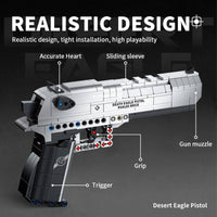 Realistic design of the Panlos Brick Desert Eagle Pistol with labeled features including trigger, grip, muzzle, and sliding sleeve.