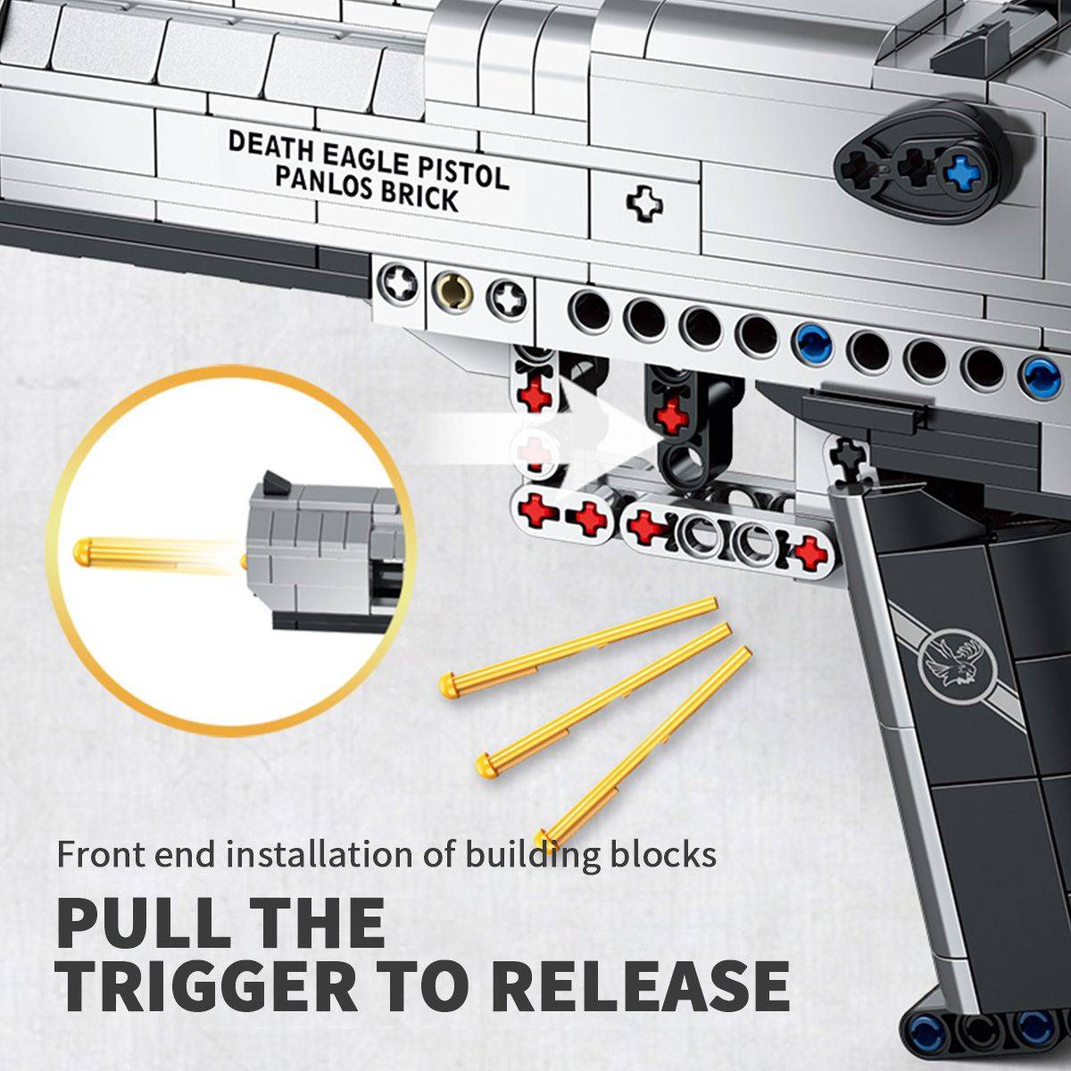 Panlos Brick Desert Eagle Pistol with a functional trigger mechanism that releases building block bullets for interactive play.