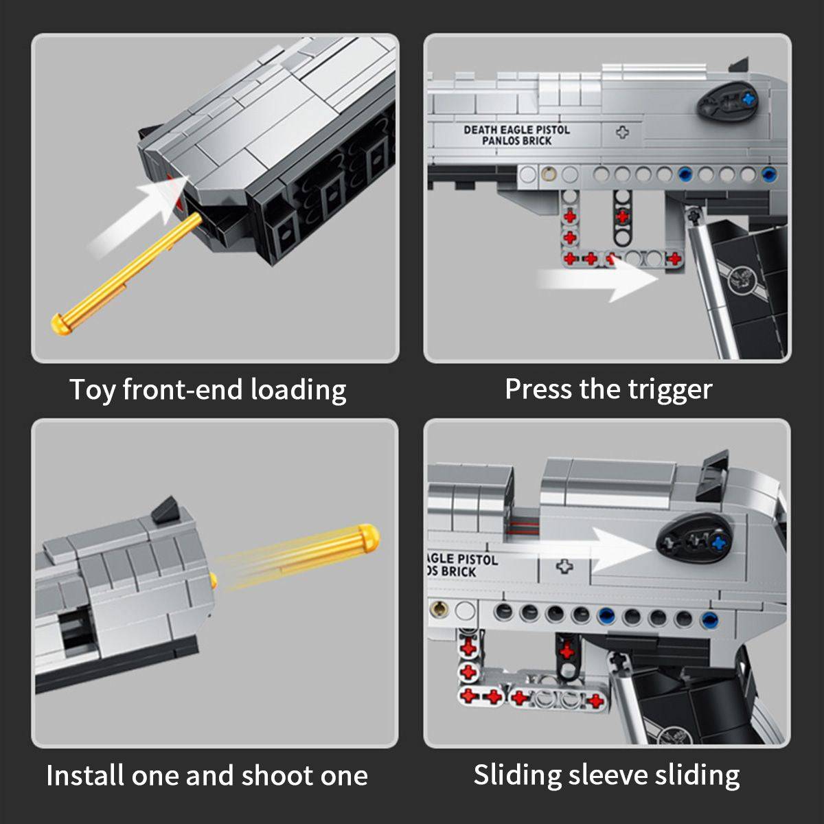 Step-by-step demonstration of the Panlos Brick Desert Eagle Pistol's shooting mechanism, including front-end loading and trigger press.