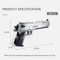 Product specifications of the Panlos Brick Desert Eagle Pistol, measuring 23cm in length with 360 building block pieces.