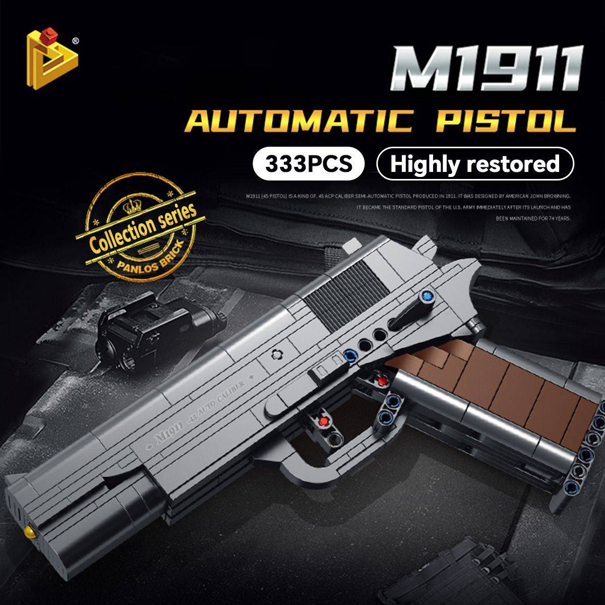 Highly restored M1911 Automatic Pistol building block set by Panlos Brick, featuring 333 pieces for detailed assembly.