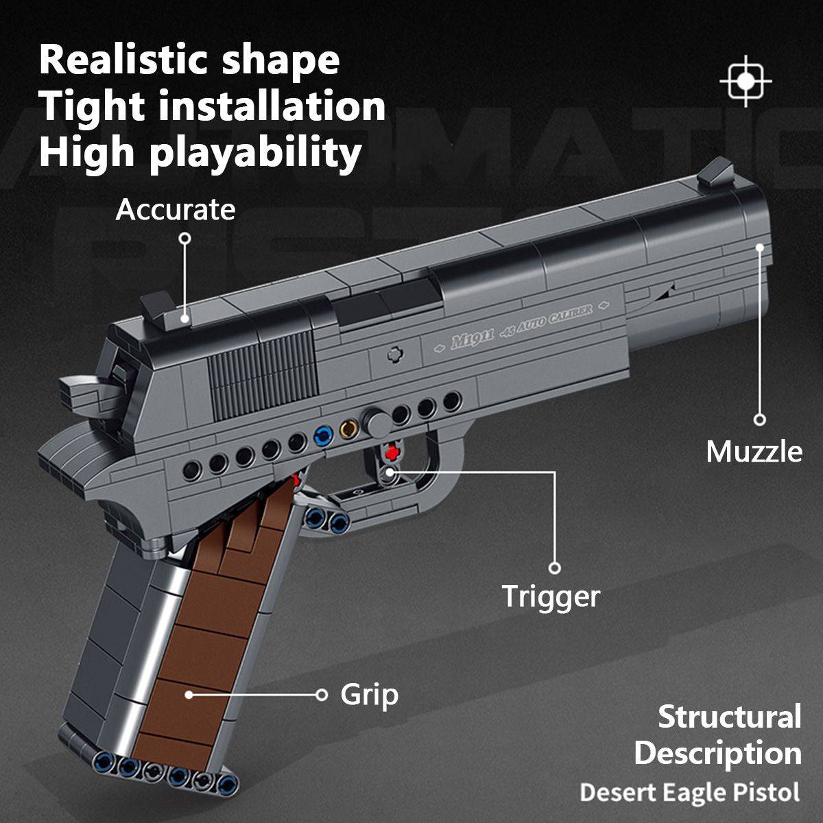 Structural description of the Panlos Brick M1911 Automatic Pistol, highlighting trigger, grip, and muzzle details.