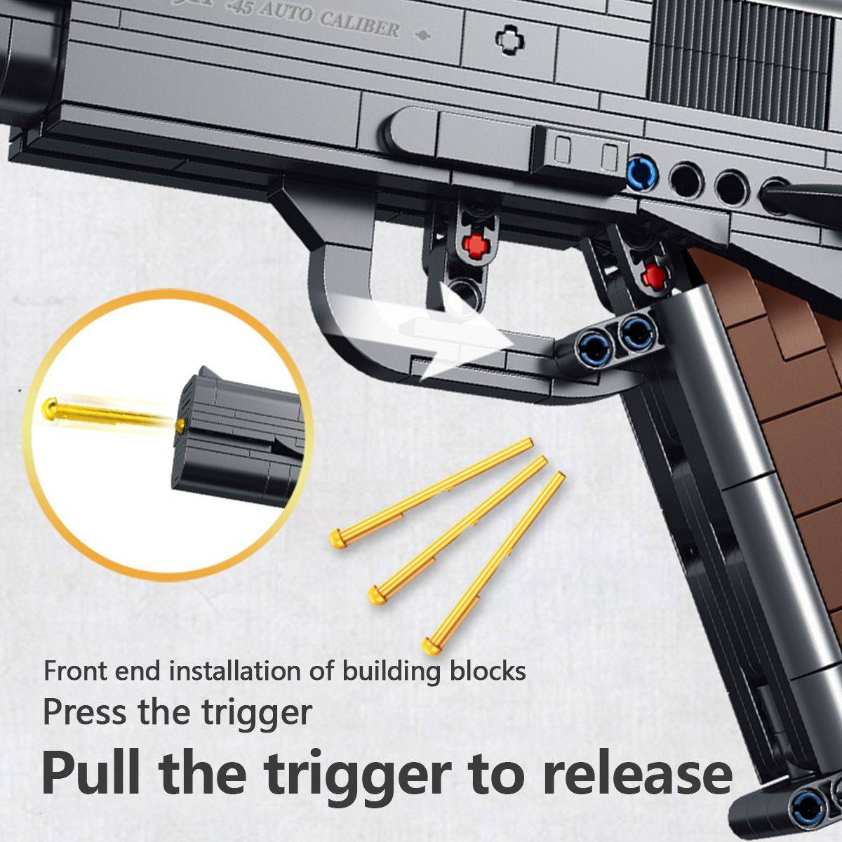 Panlos Brick M1911 Automatic Pistol with a working trigger mechanism that releases building block bullets for interactive play.