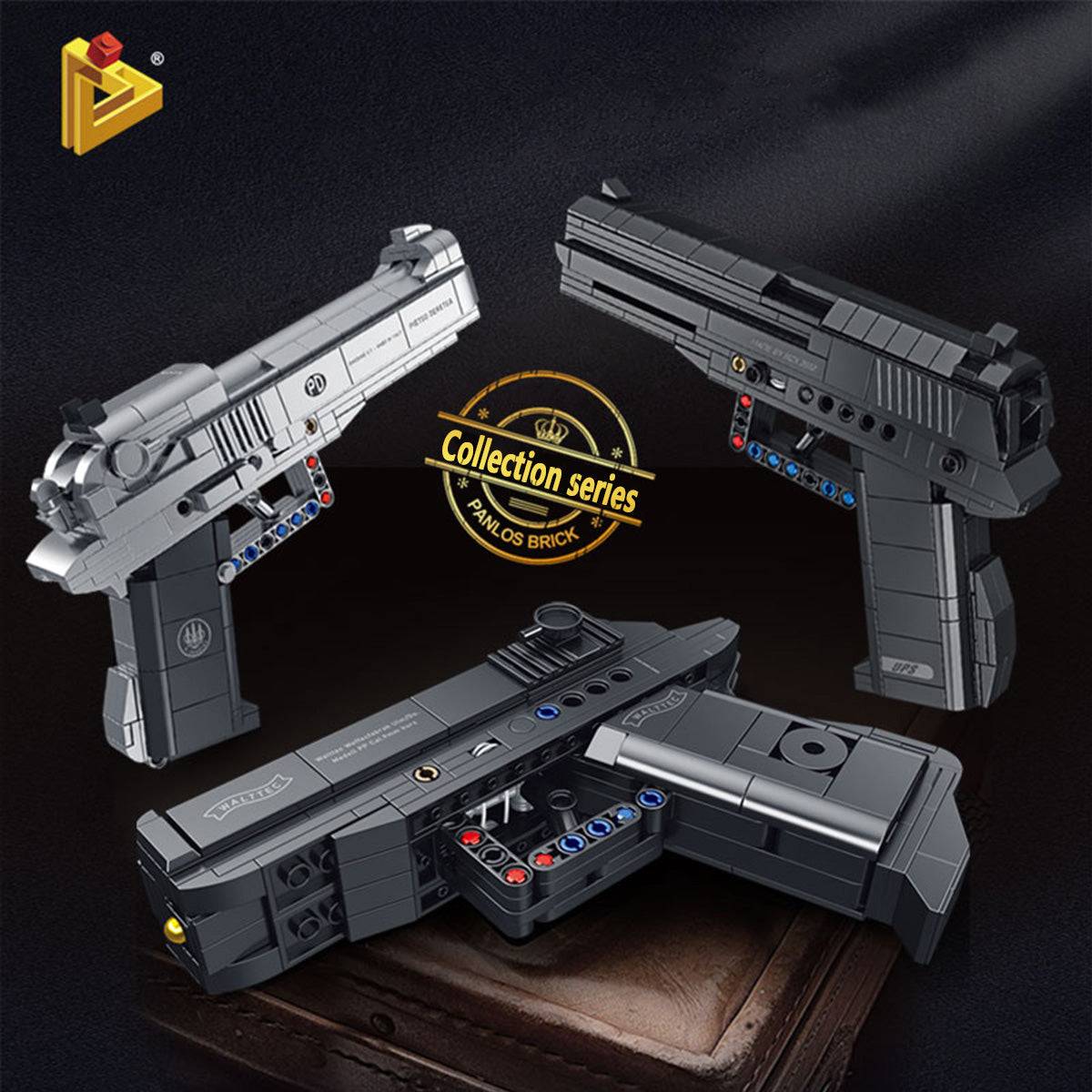 Collection series of Panlos Brick building block pistols, including M92, USP, and PPK models with realistic designs.