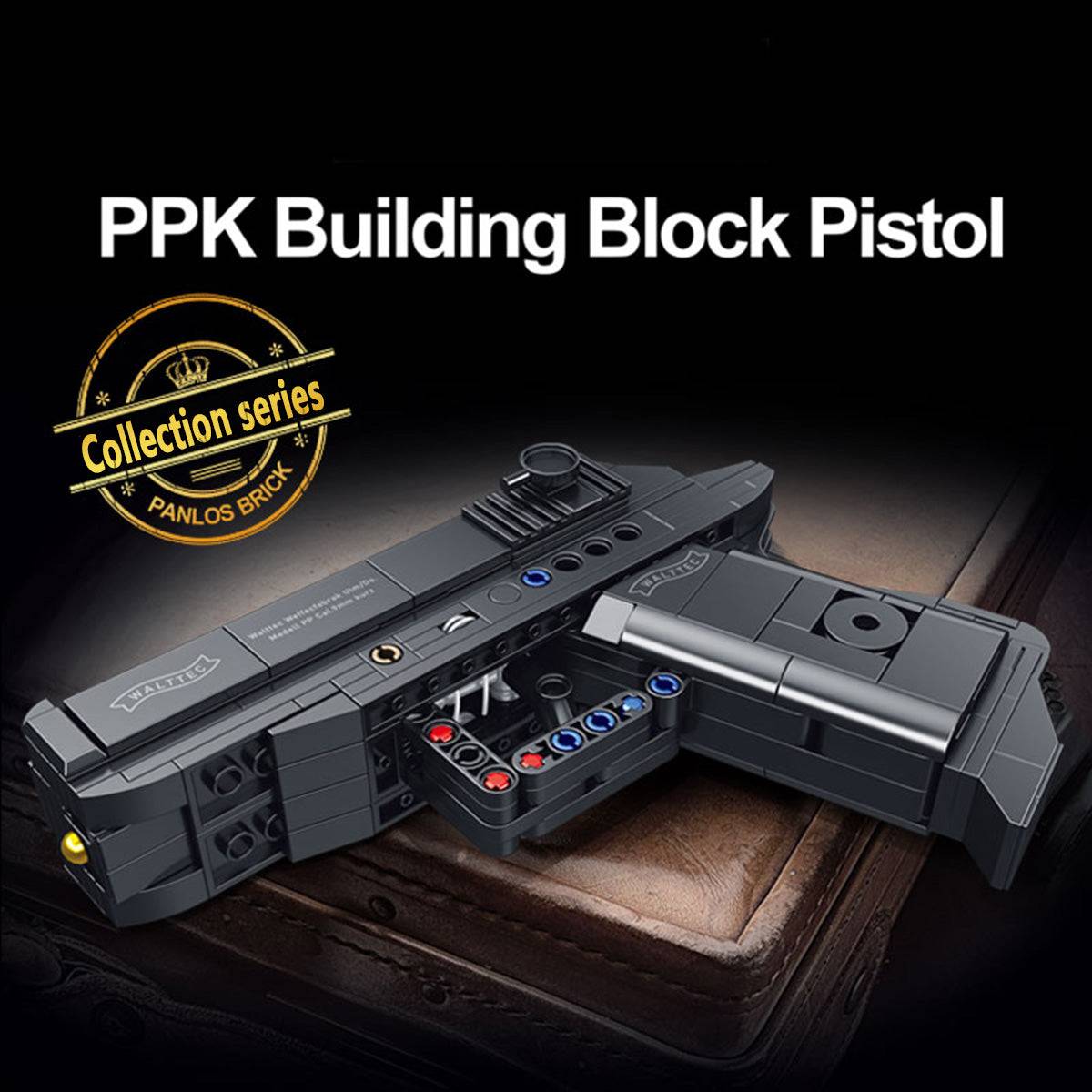 Panlos Brick PPK Building Block Pistol from the collection series, showcasing a compact black design with interactive features.