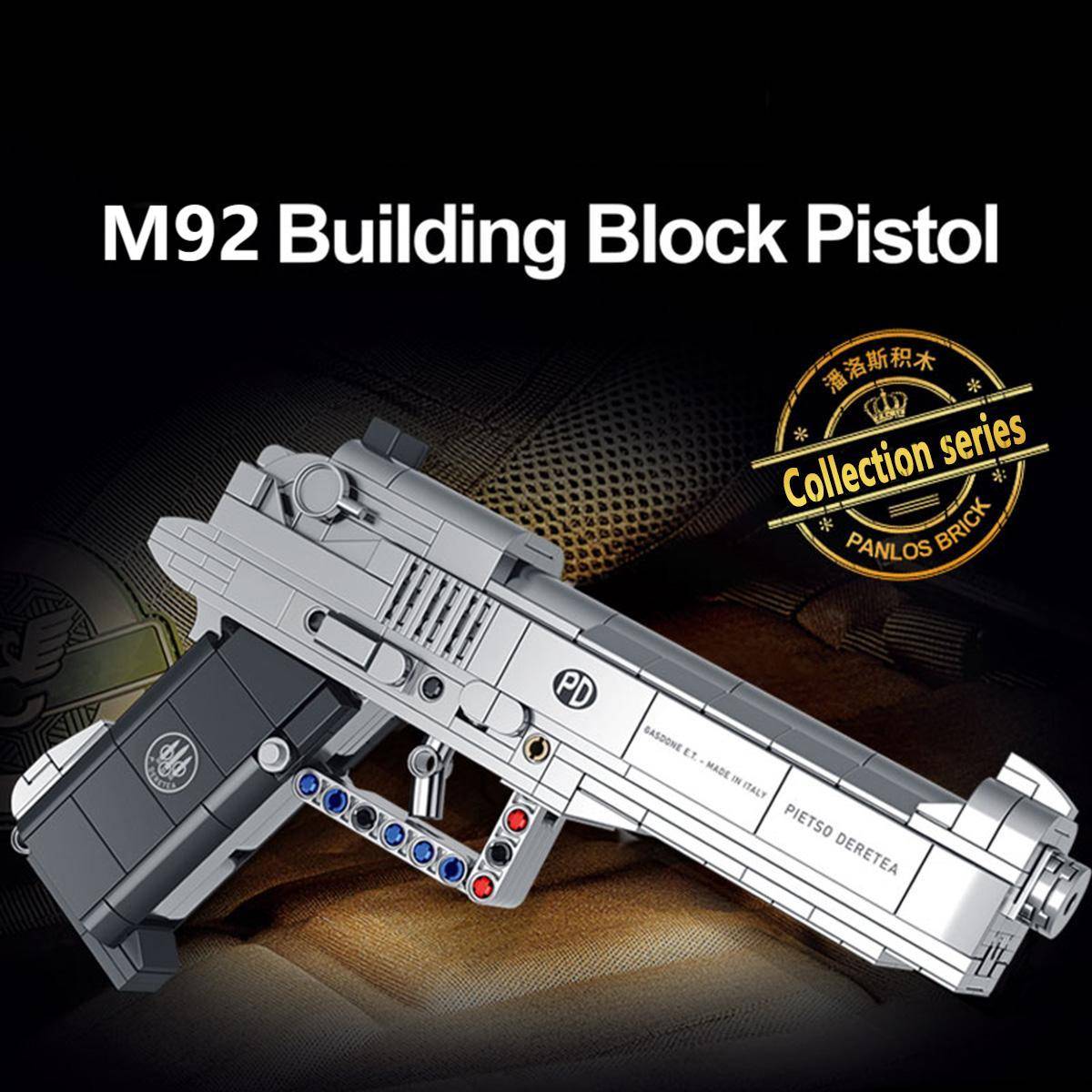 Panlos Brick M92 Building Block Pistol from the collection series, featuring a silver and black design with realistic details.