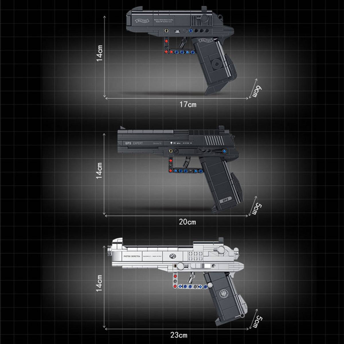 Size comparison of Panlos Brick building block pistols, including USP, PPK, and M92 models with detailed measurements.