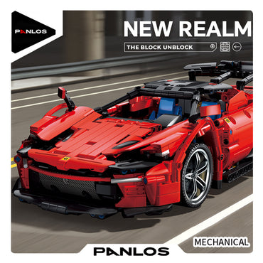 Panlos Brick 673006 Ferrari FP3 Car Building Blocks set displayed on a racing track background, showcasing its sleek and aerodynamic design.