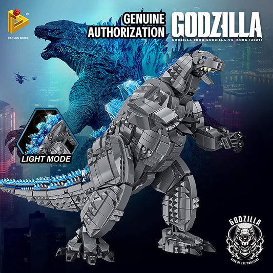 Panlos Brick 687001 Godzilla Building Blocks set with 2056 pieces, featuring a detailed, poseable Godzilla figure with light-up dorsal fins.