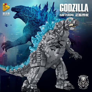 Panlos Brick 687004 Medium Godzilla building blocks set with official licensing, showcasing a dynamic Godzilla model with glowing blue dorsal plates.