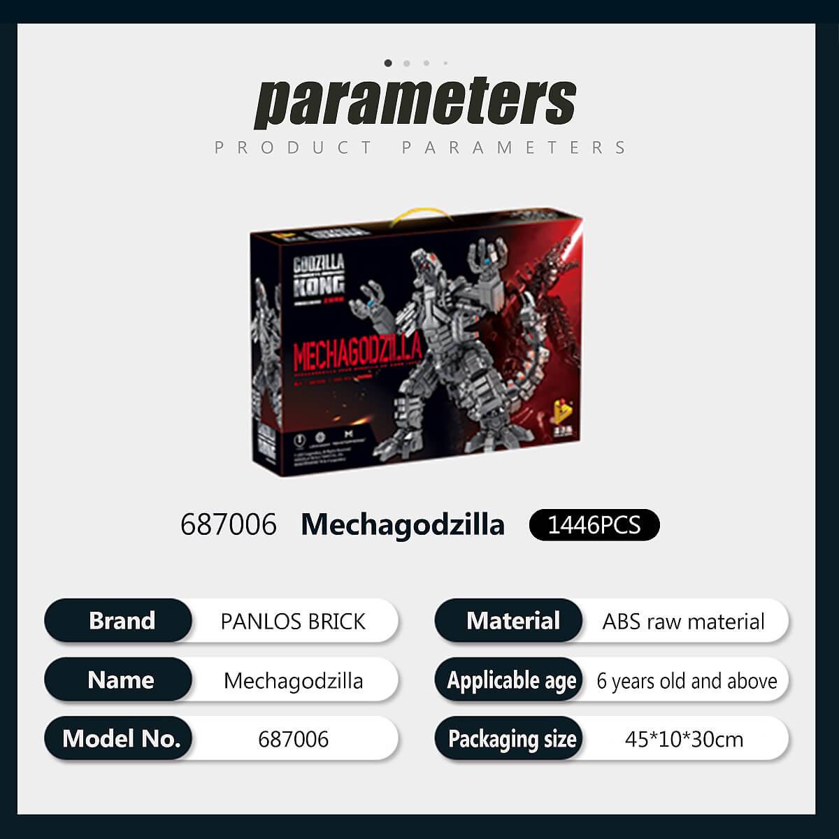 Product specifications for Panlos 687006 Mechanical Godzilla building blocks set, including 1446 pieces, ABS material, and age suitability of 6+.