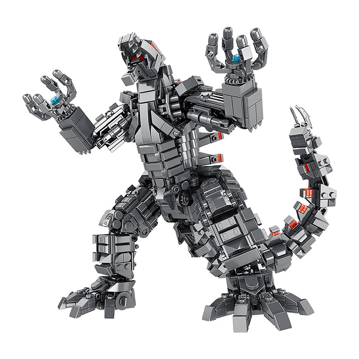 Panlos 687006 Mechanical Godzilla building blocks set with 1446 pieces, featuring a detailed robotic Godzilla figure with articulated joints.