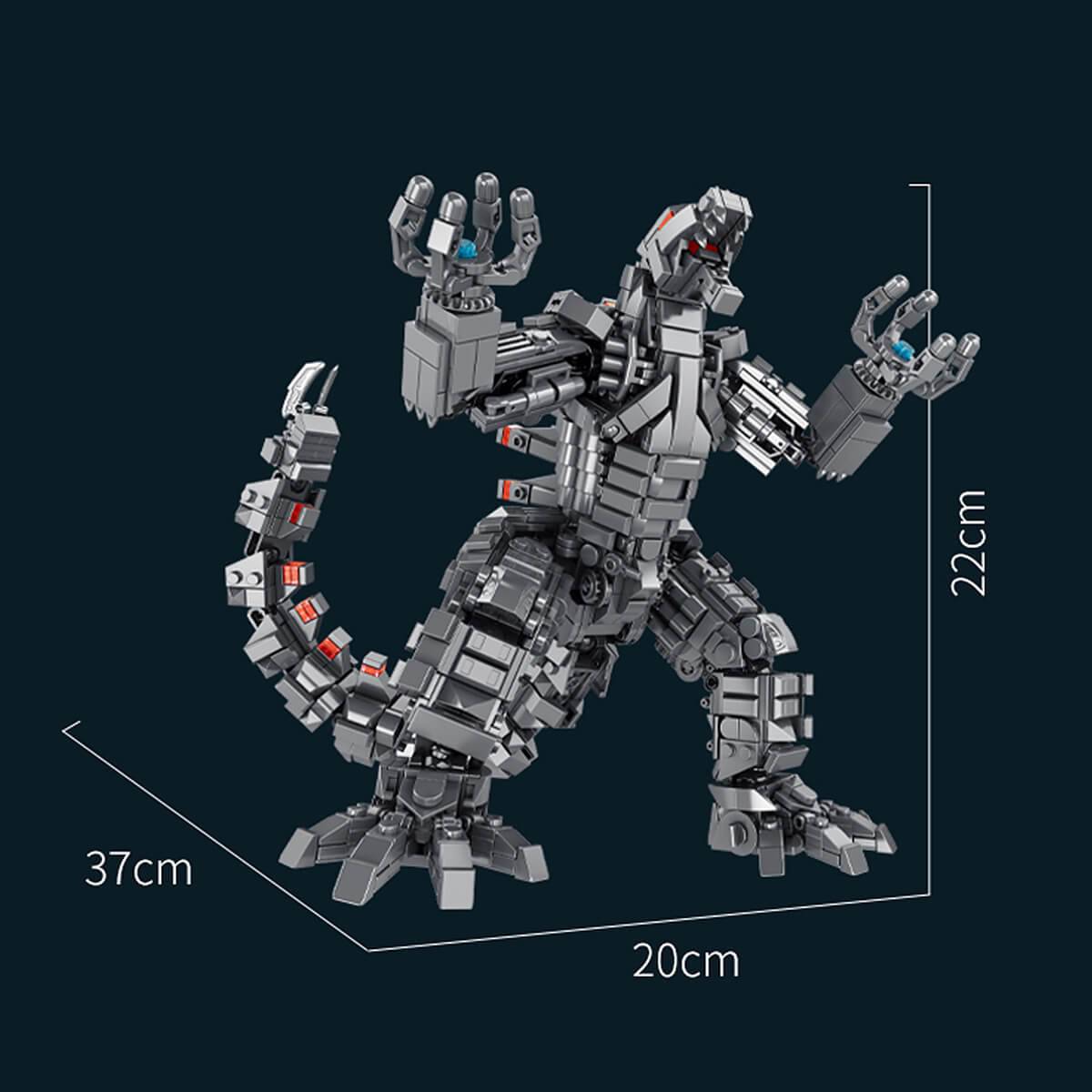 Size dimensions of Panlos 687006 Mechanical Godzilla building blocks set, measuring 37cm in length, 22cm in height, and 20cm in width.