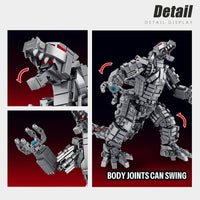 Close-up details of Panlos 687006 Mechanical Godzilla building blocks set, showing articulated joints and movable parts.