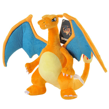 Side view of the Pokemon Charizard Plush Toy 25cm, showcasing its vibrant orange body, blue wings, and fierce expression. Ideal for Pokemon lovers.