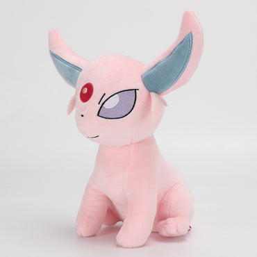 Side view of the Pokemon Espeon Plush Toy 24cm, featuring high-quality stitching and a cute, seated pose. Perfect for cuddling and display.