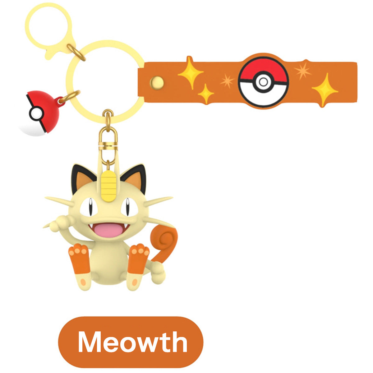 Meowth Pokemon figure keychain with orange wrist strap and Pokeball charm. A fun and stylish keychain for Pokemon lovers.