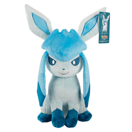 Pokemon Glaceon Plush Toy 24cm with soft blue fabric and embroidered details. Official HugmieToys Ireland collectible, perfect for Pokemon fans.