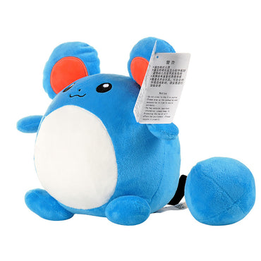 Side view of the Pokemon Marill Plush Toy 25cm, showcasing its round shape, embroidered facial details, and high-quality soft material.