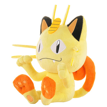 Side view of Pokemon Meowth Plush Toy 25cm featuring detailed stitching, soft plush material, and an orange curled tail. Ideal for cuddling and display.